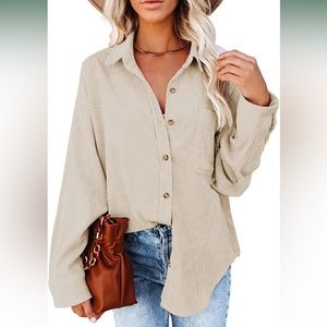 Light Tan Beige Corduroy Button Down Long Sleeve Shirt Oversized Medium Shacket